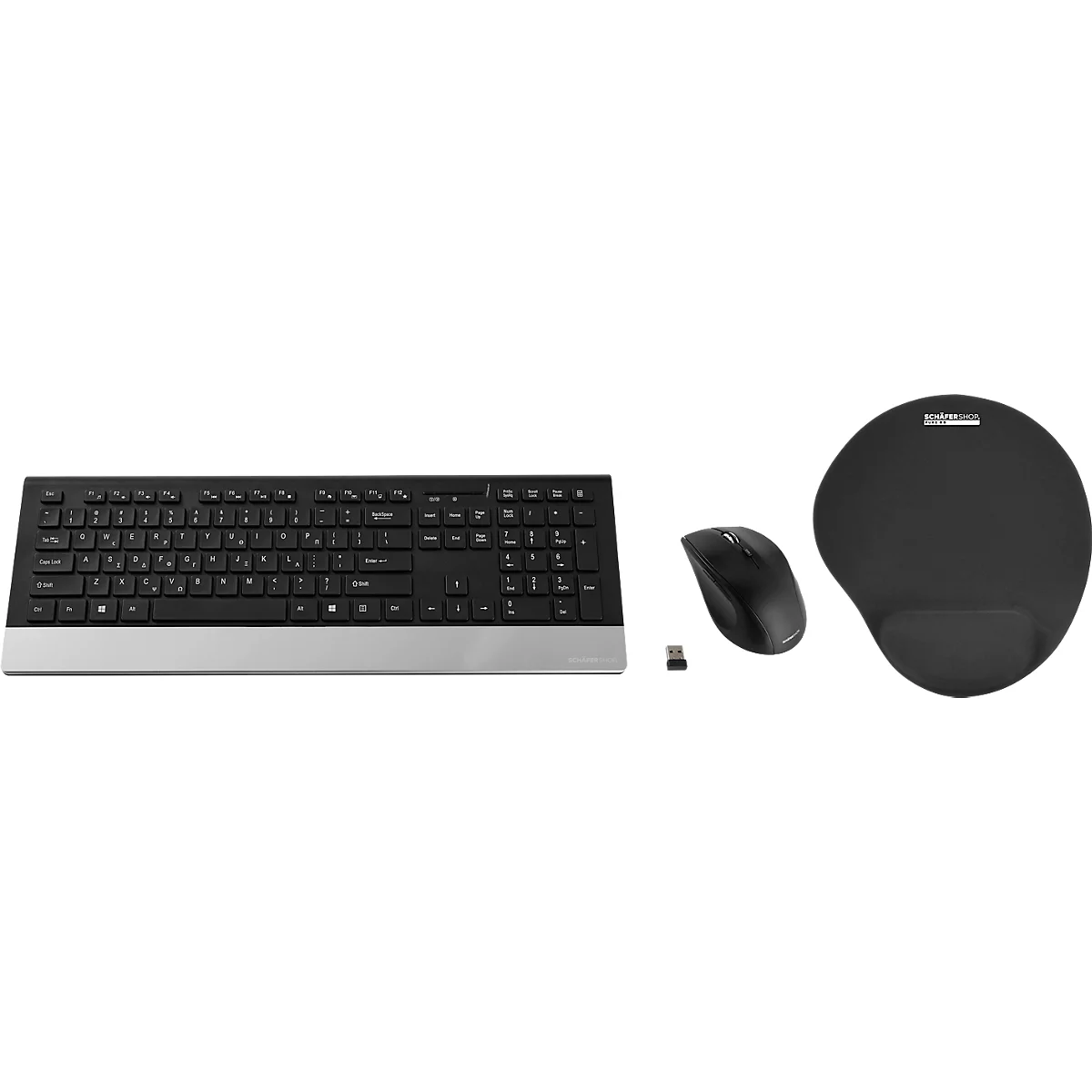 Schäfer Shop Select Sparset Funkastatur-/Maus HIGHLINE + ergonomisches Mauspad, QWERTZ, Handballenauflagen, 5 Tasten, bis 1600 dpi, bis 10 m