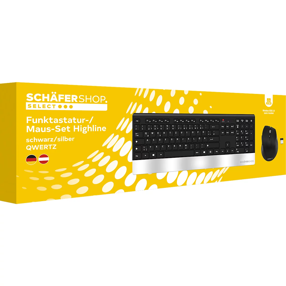 Schäfer Shop Select Sparset Funktastatur & Funkmaus Highline, QWERTZ, Handballenauflage, Maus mit 5 Tasten, bis 1600 dpi, bis 10 m, schwarz-silber