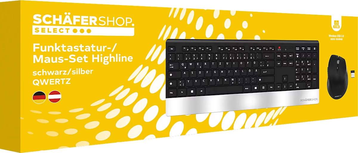 Schäfer Shop Select Sparset teclado y ratón inalámbricos Highline, QWERTZ, reposamanos, ratón con 5 teclas, hasta 1600 dpi, hasta 10 m, negro-plateado