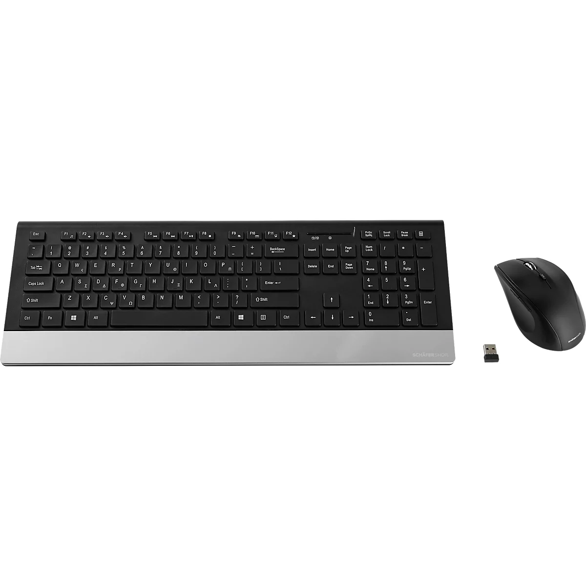 Schäfer Shop Select Sparset teclado y ratón inalámbricos Highline, QWERTZ, reposamanos, ratón con 5 teclas, hasta 1600 dpi, hasta 10 m, negro-plateado