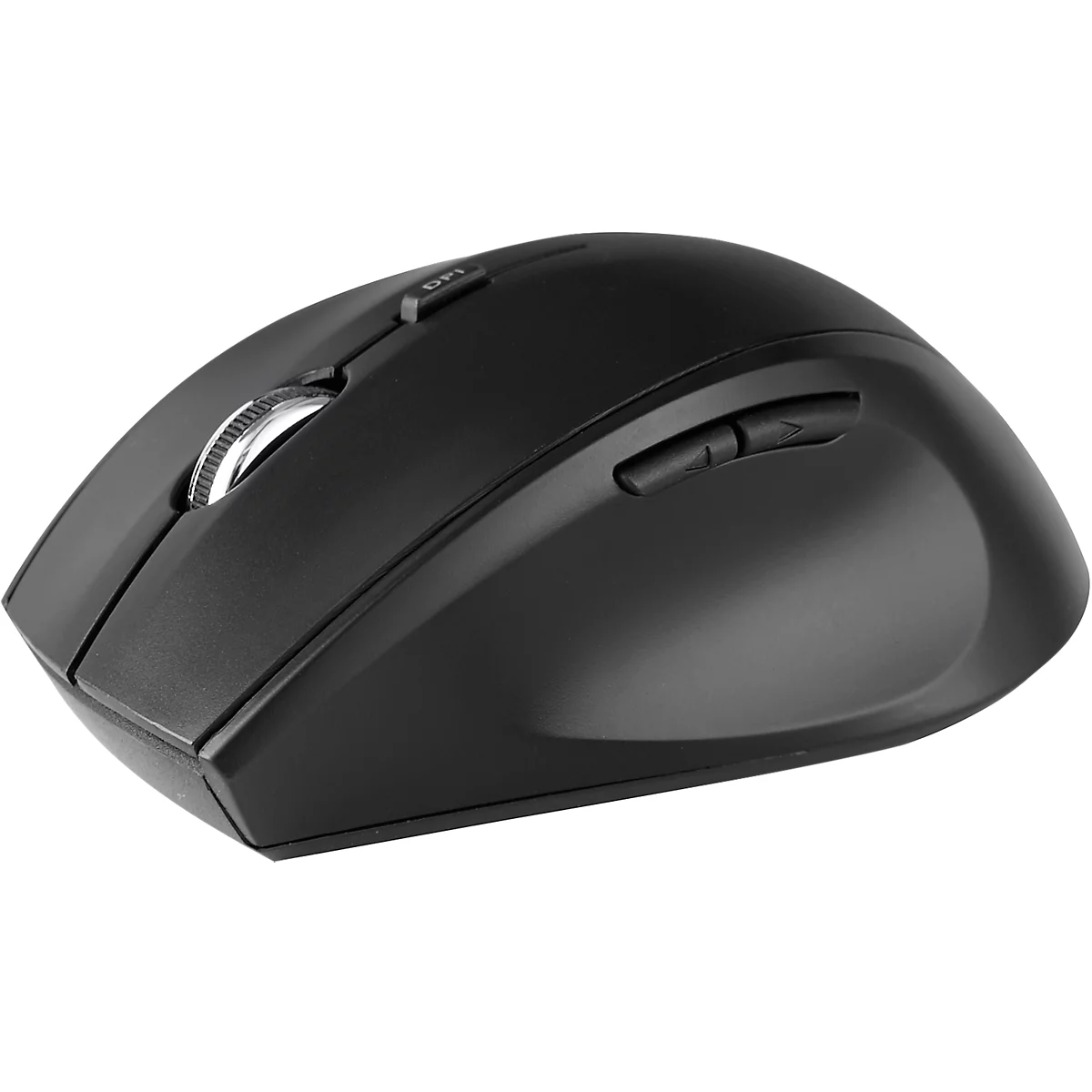 Black computer mouse, with scroll wheel and two side buttons.