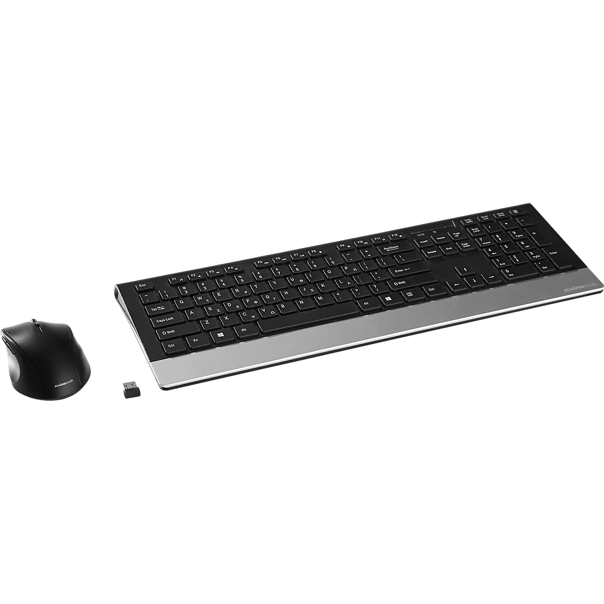 Wireless black and silver keyboard and mouse set. The keyboard has a sleek design, the mouse is ergonomic.