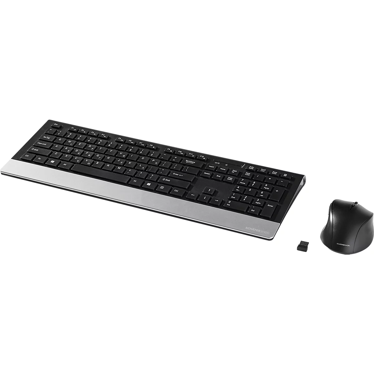 Wireless keyboard and mouse set, black and silver. The keyboard is flat and has a silver bar. Beside the keyboard is a mouse and a small receiver.