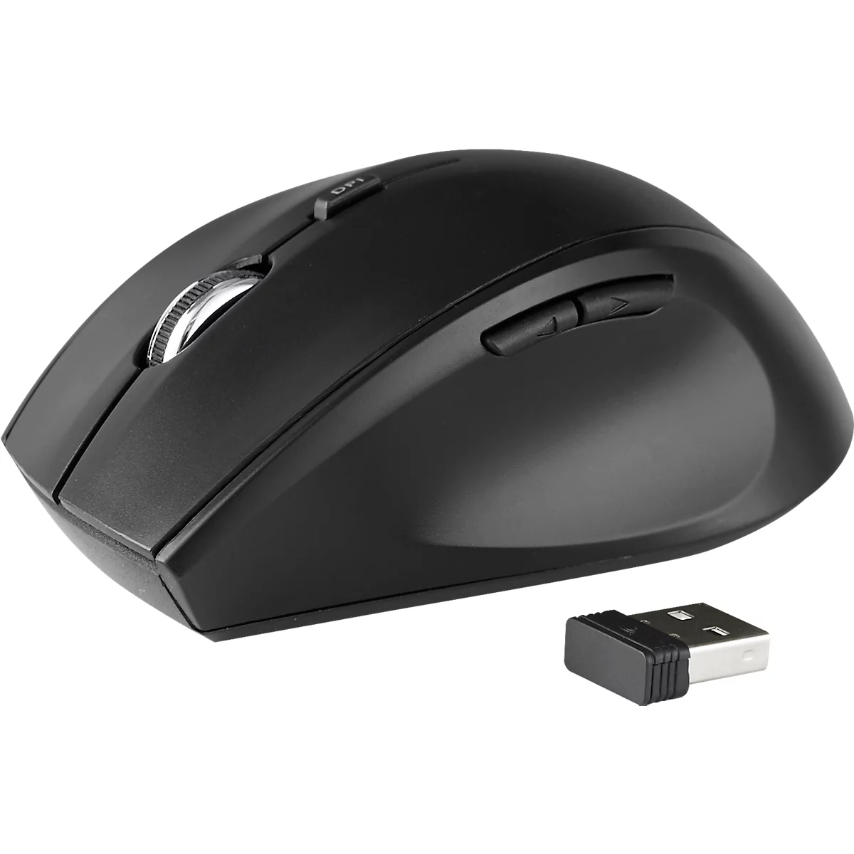 Black computer mouse with scroll wheel, DPI button and two side buttons. A USB receiver is next to it.