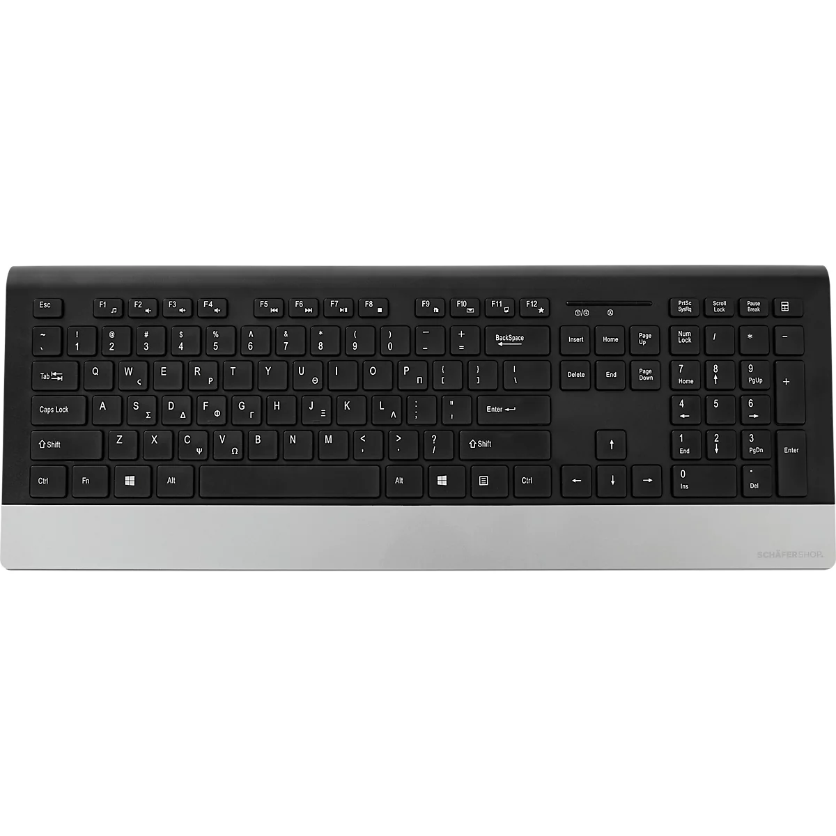 Black keyboard with silver base, keys with Cyrillic and Latin letters.