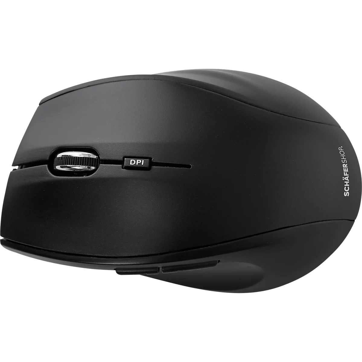 Black ergonomic mouse with scroll wheel and DPI button. Inscription "SCHÄFER SHOP".