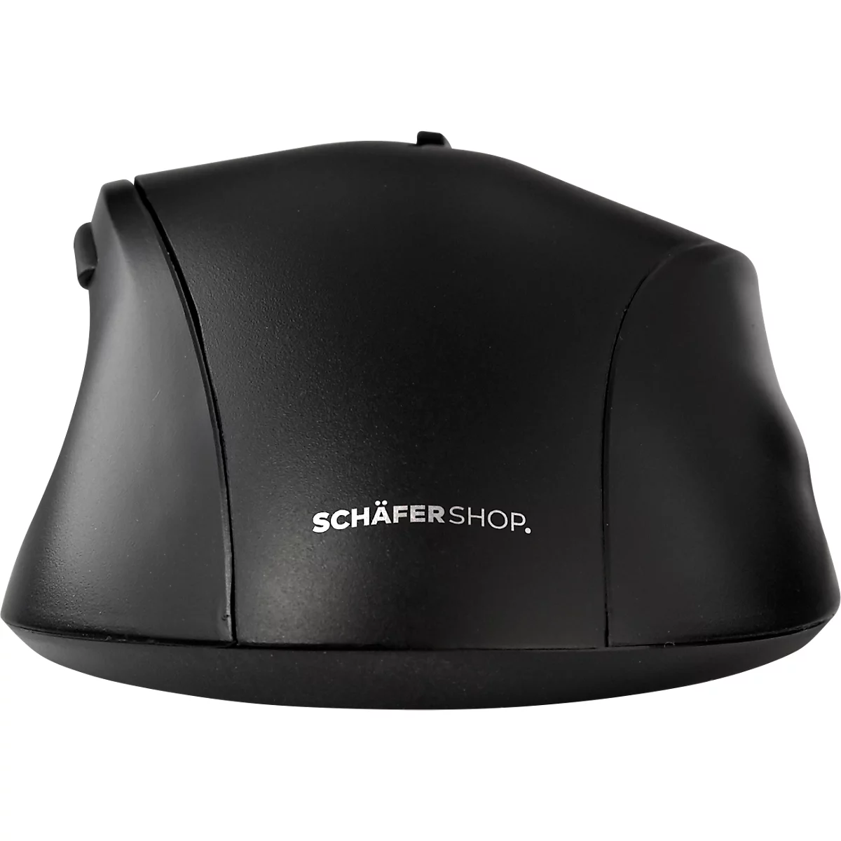 Black ergonomic mouse with side buttons. Inscription 'SCHÄFERSHOP'.