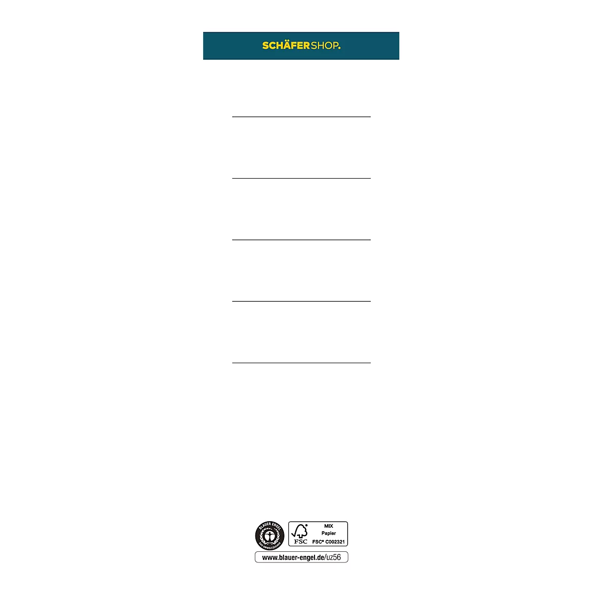 Vertical graphic with Schäfer Shop logo and certifications. Below are horizontal lines.