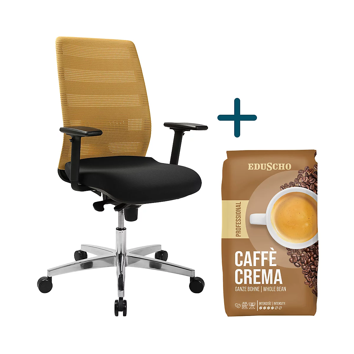 Bürostuhl und Kaffeebohnenpaket, Plus-Zeichen dazwischen.