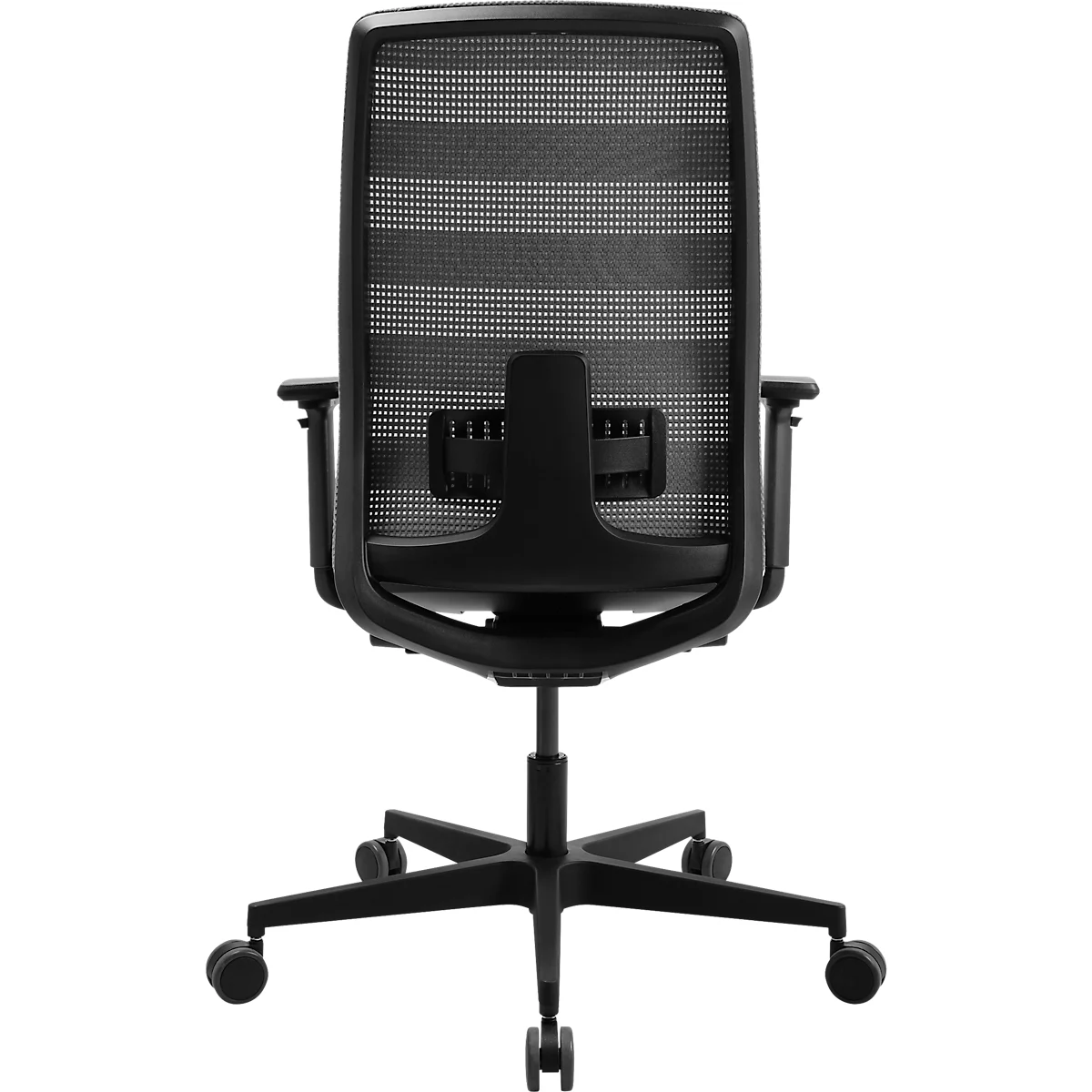 Schwarzer Bürostuhl, Rückansicht. Die Rückenlehne hat ein Netzdesign, Armlehnen und ein 5-Speichen-Gestell mit Rollen.