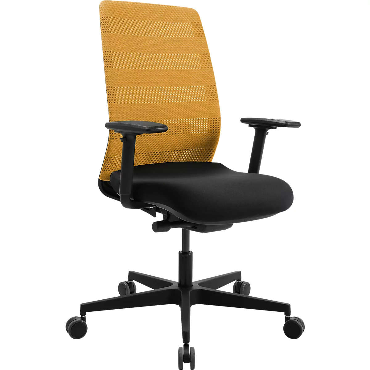 Bürostuhl mit gelber Netzlehne, schwarzem Sitz und Armlehnen, auf Rollen.