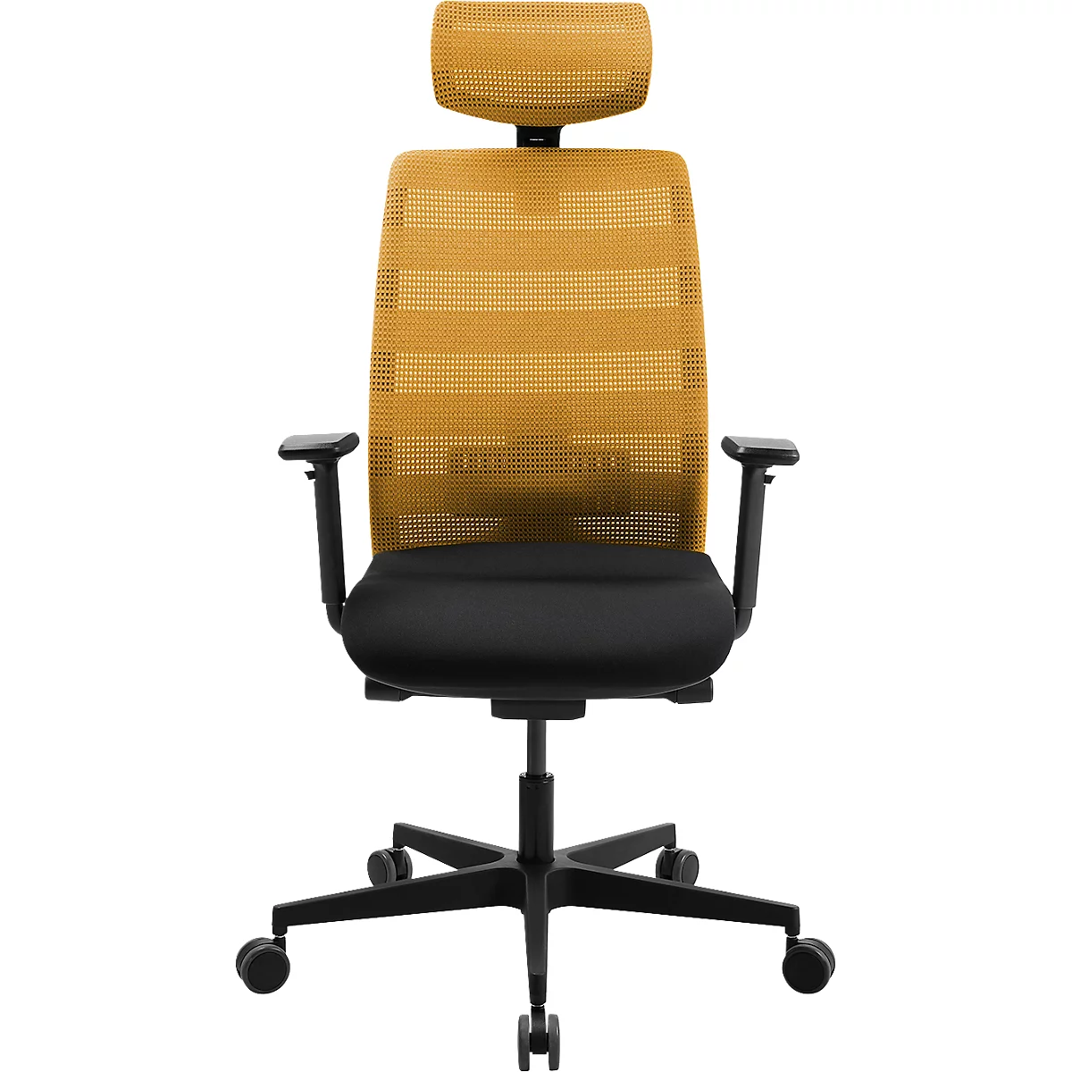 Bürostuhl mit gelbem Netzrücken und schwarzem Sitz. Schwarze Armlehnen und Fußkreuz. Der Stuhl steht vor weißem Hintergrund.