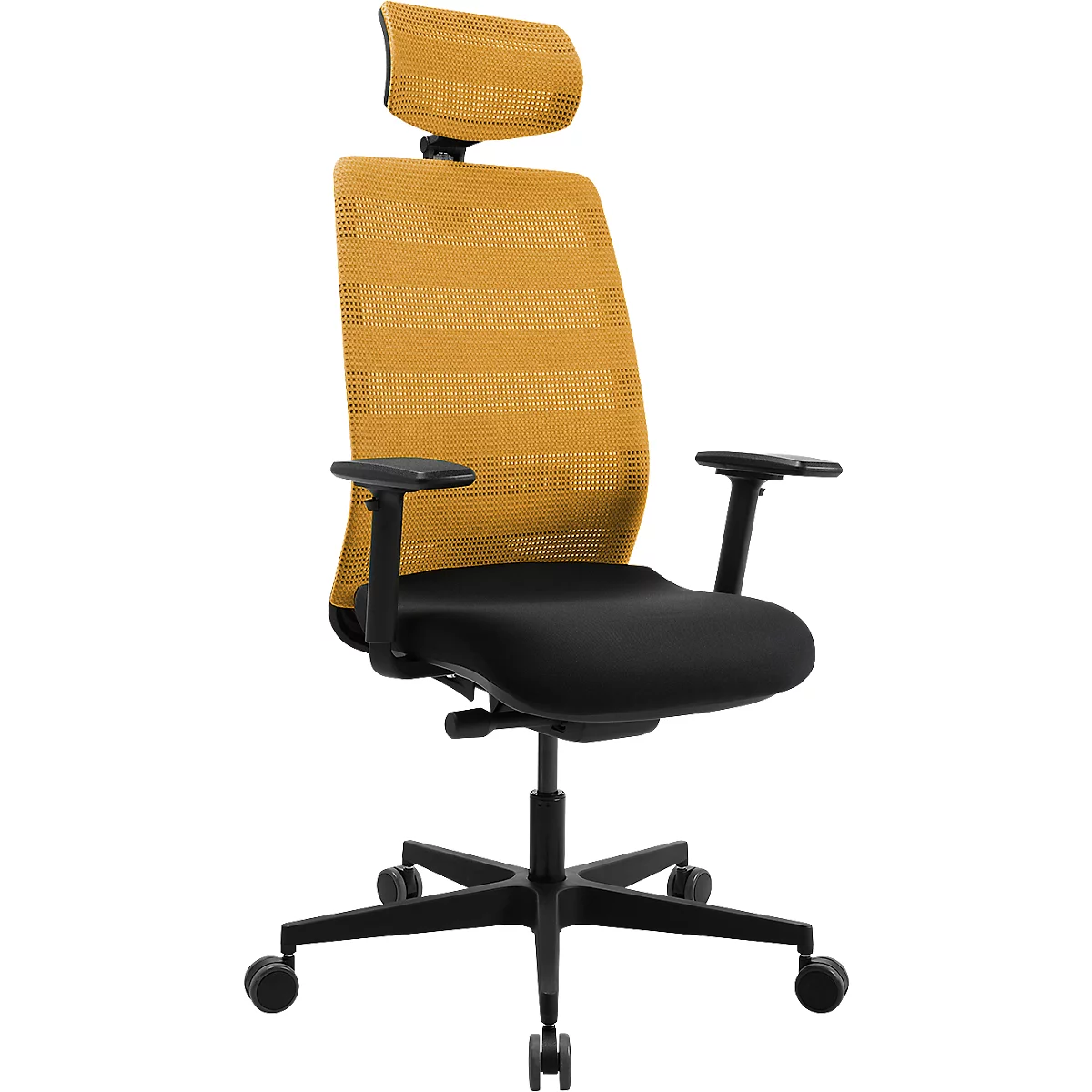 Bürostuhl in Schwarz und Gelb, mit Kopfstütze und Rollen.