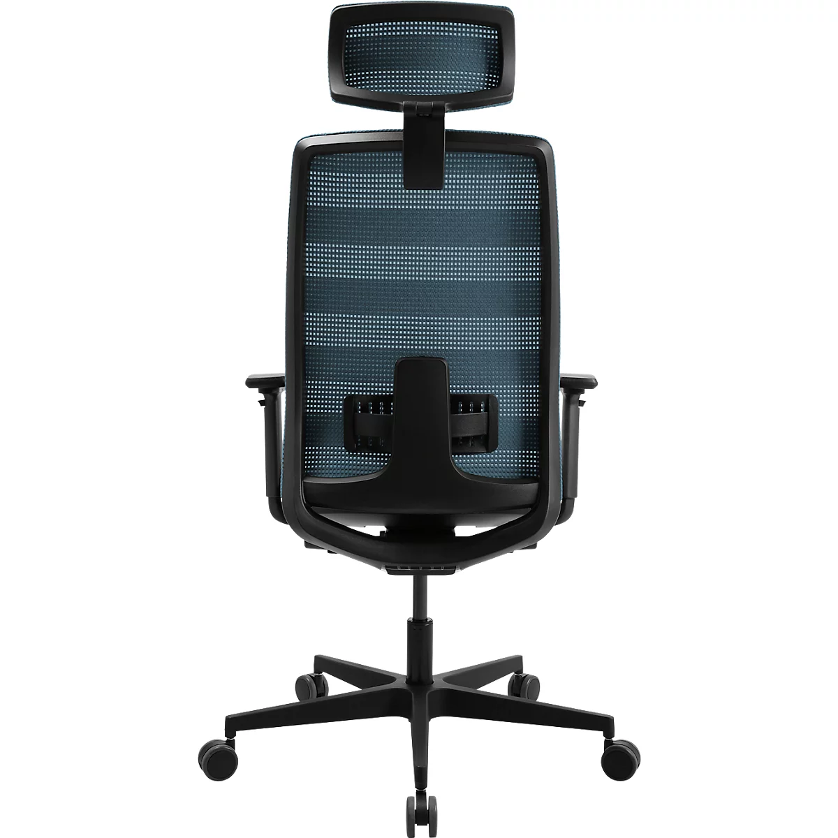 Bürostuhl, Rückansicht. Schwarzer Rahmen, blaues Netzgewebe, Kopfstütze, Rollen.
