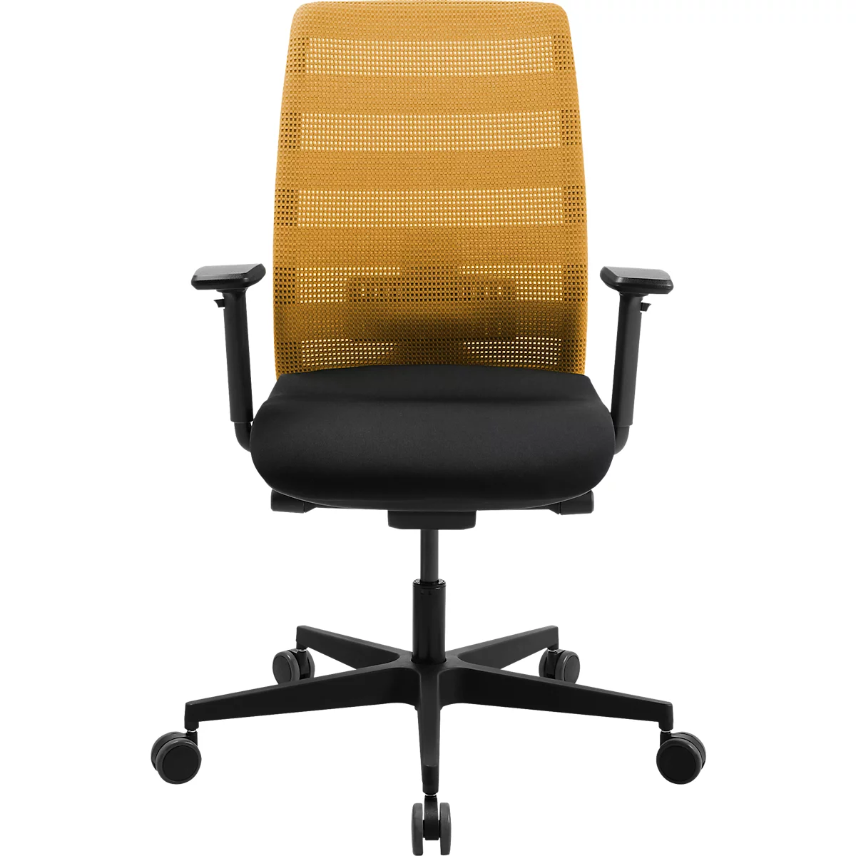 Bureaustoel met gele mesh rug, zwarte zitting en armleuningen. Zwart frame op wielen.