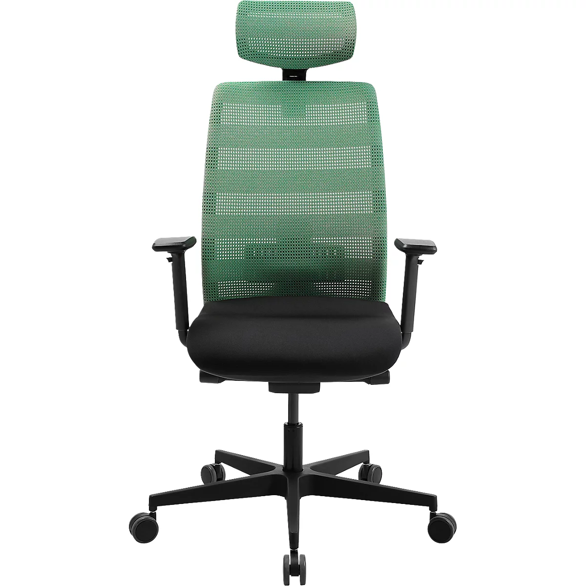 Chaise de bureau avec dossier en filet vert, assise et accoudoirs noirs. Cadre noir, cinq roulettes. Appui-tête réglable.