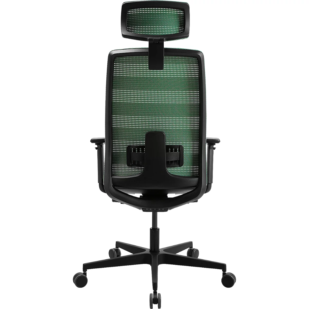 Vue d'une chaise de bureau noire avec un filet vert. Le dossier, l'appuie-tête et les roulettes sont visibles.