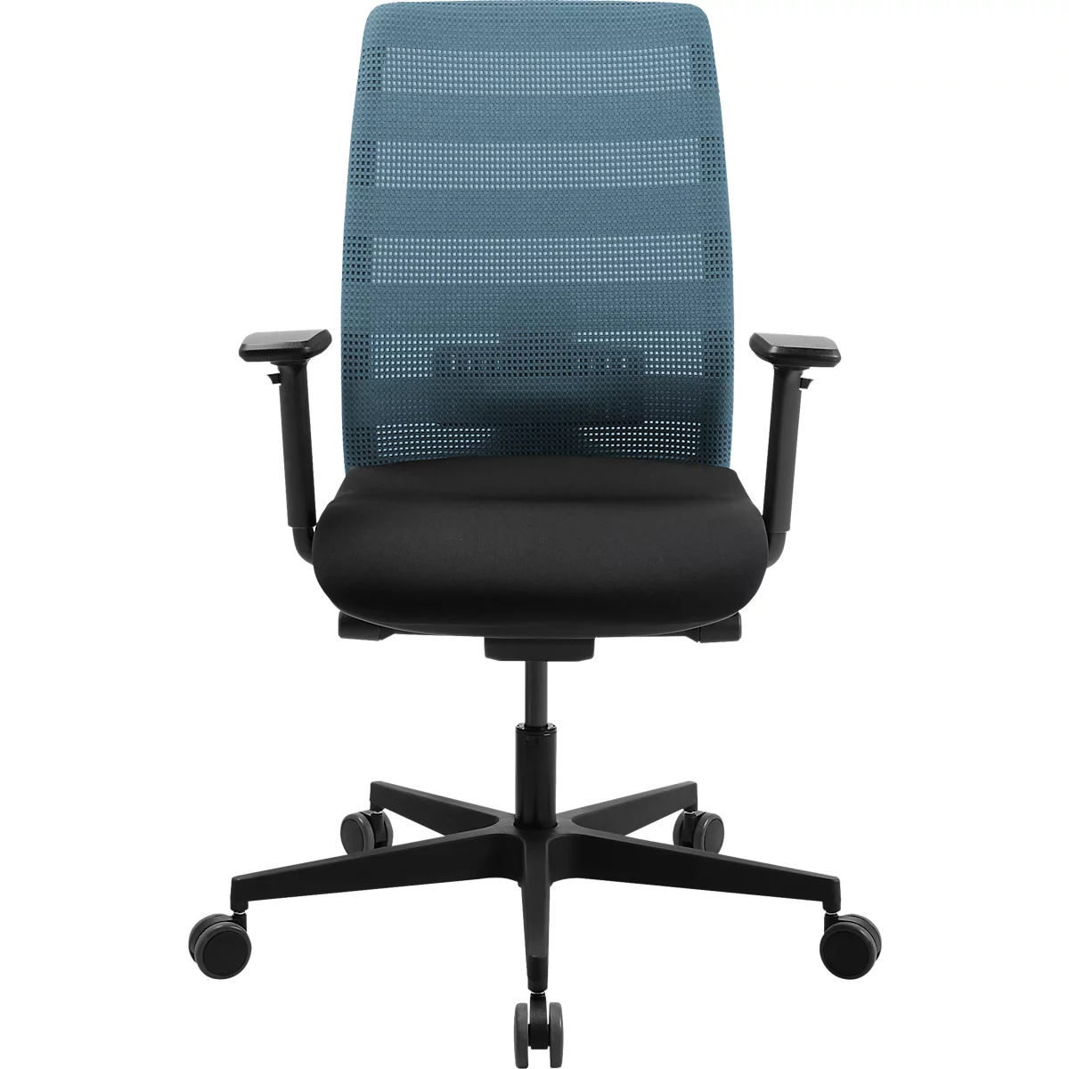 Chaise de bureau avec dossier en mesh bleu et assise noire, accoudoirs et cadre avec roulettes.