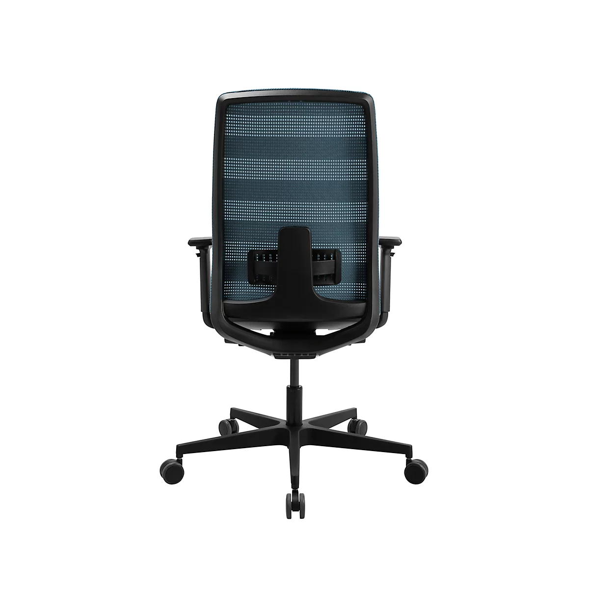 Vue d'une chaise de bureau noire de dos. L'assise est en tissu mesh bleu. Roues au pied.