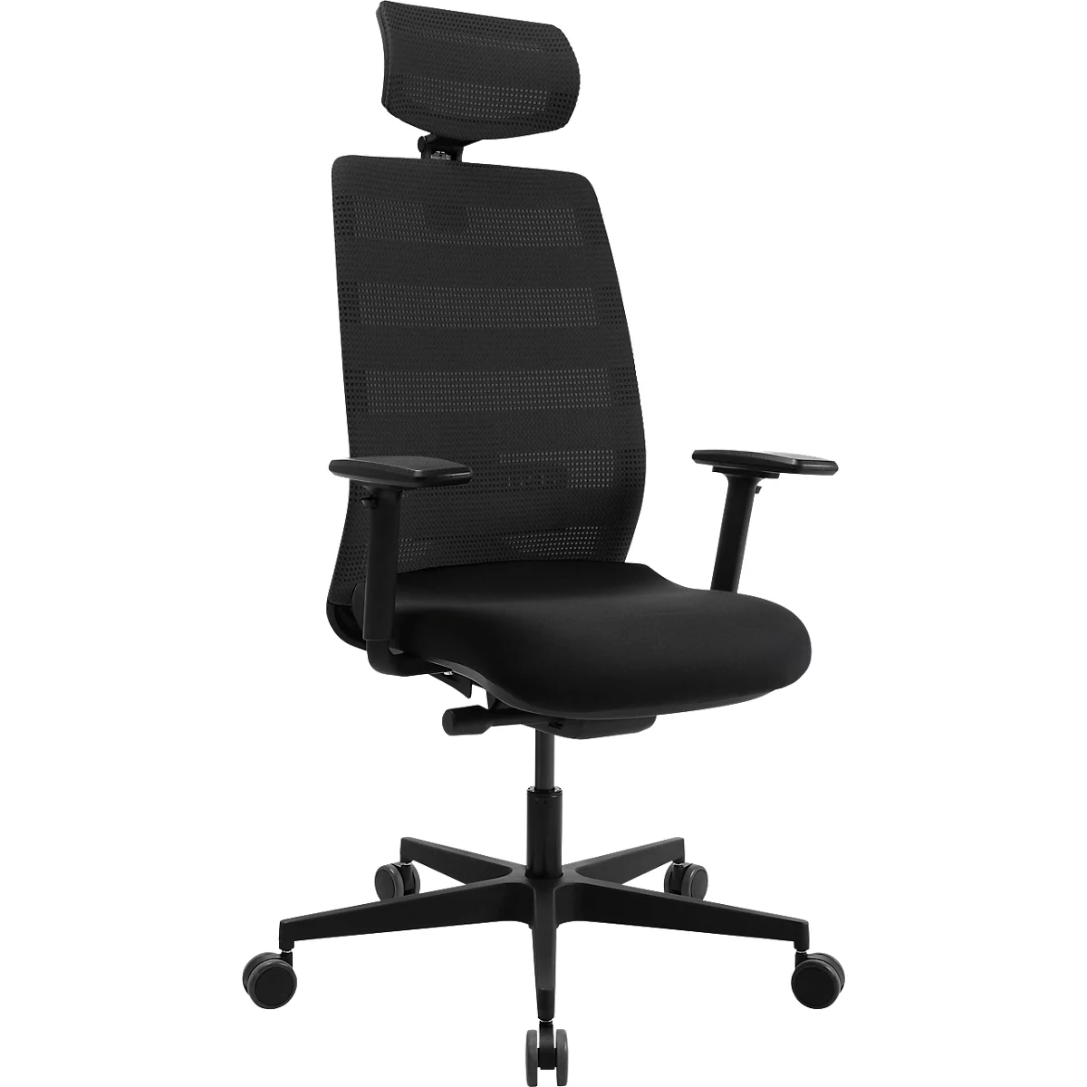 Chaise de bureau noire avec dossier en maille, appui-tête, accoudoirs et roulettes.