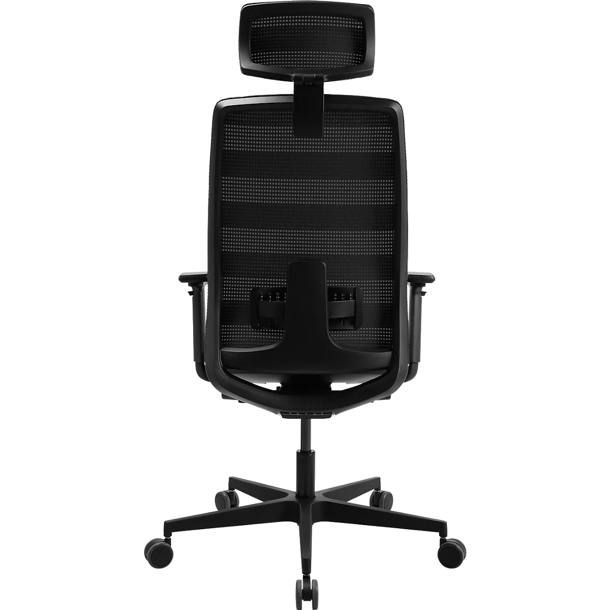 Chaise de bureau noire, vue arrière, dossier en filet, appui-tête, roulettes.