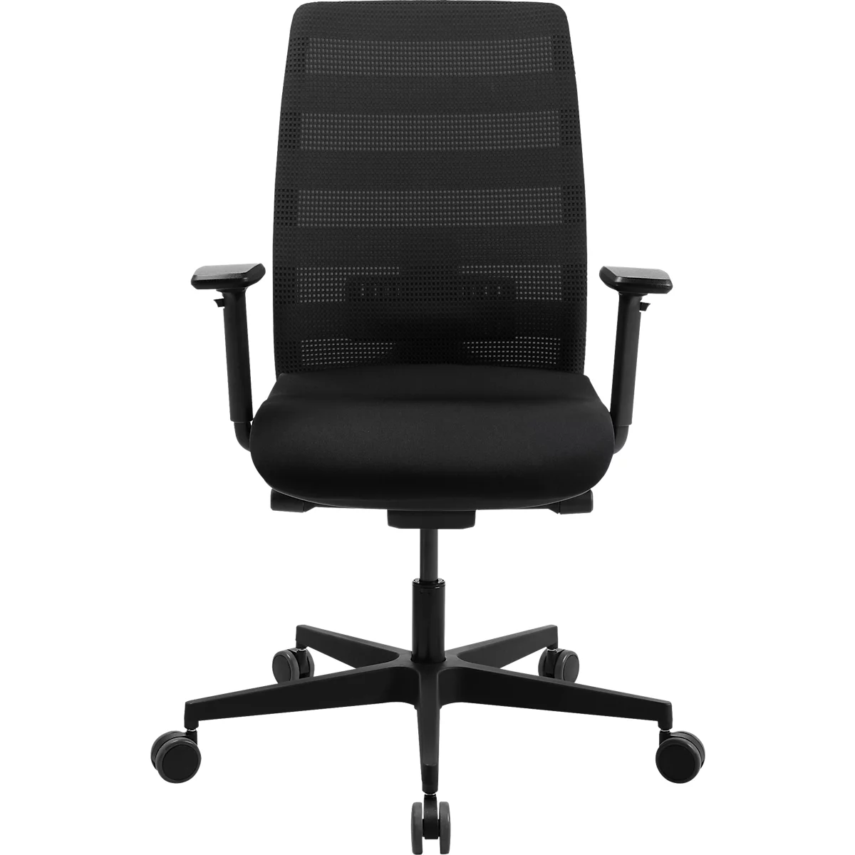 Chaise de bureau noire sur fond neutre. Elle est dotée d'un dossier en maille, d'accoudoirs et de roulettes.