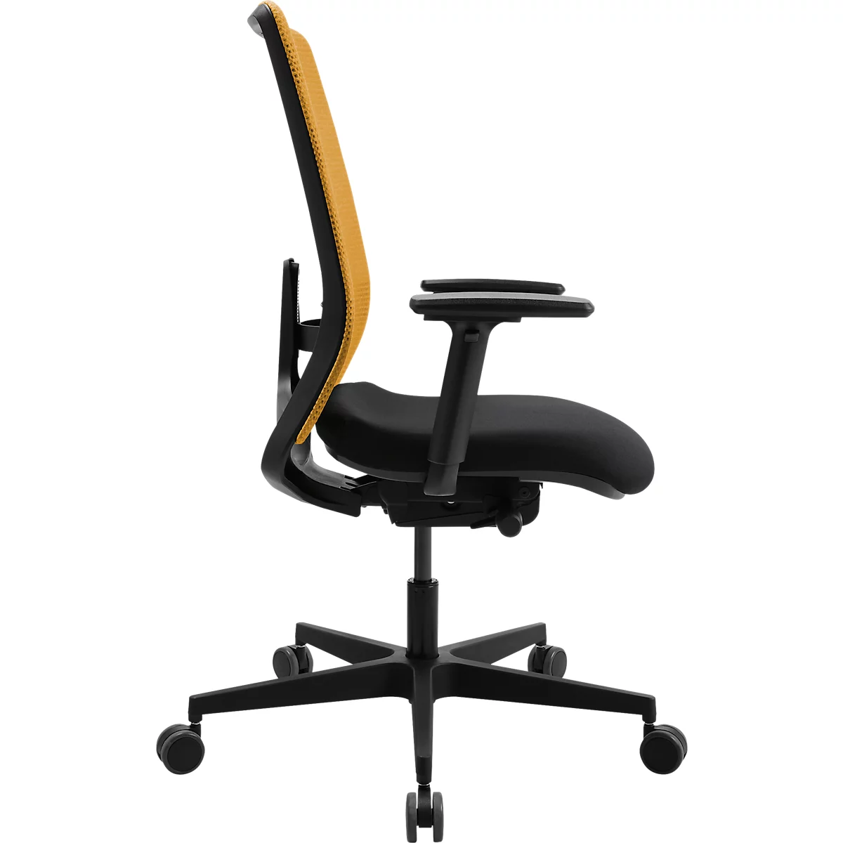 Chaise de bureau de profil. Noir, jaune et anthracite. Siège rembourré, accoudoirs. Dossier jaune, perforé. Cinq roulettes.