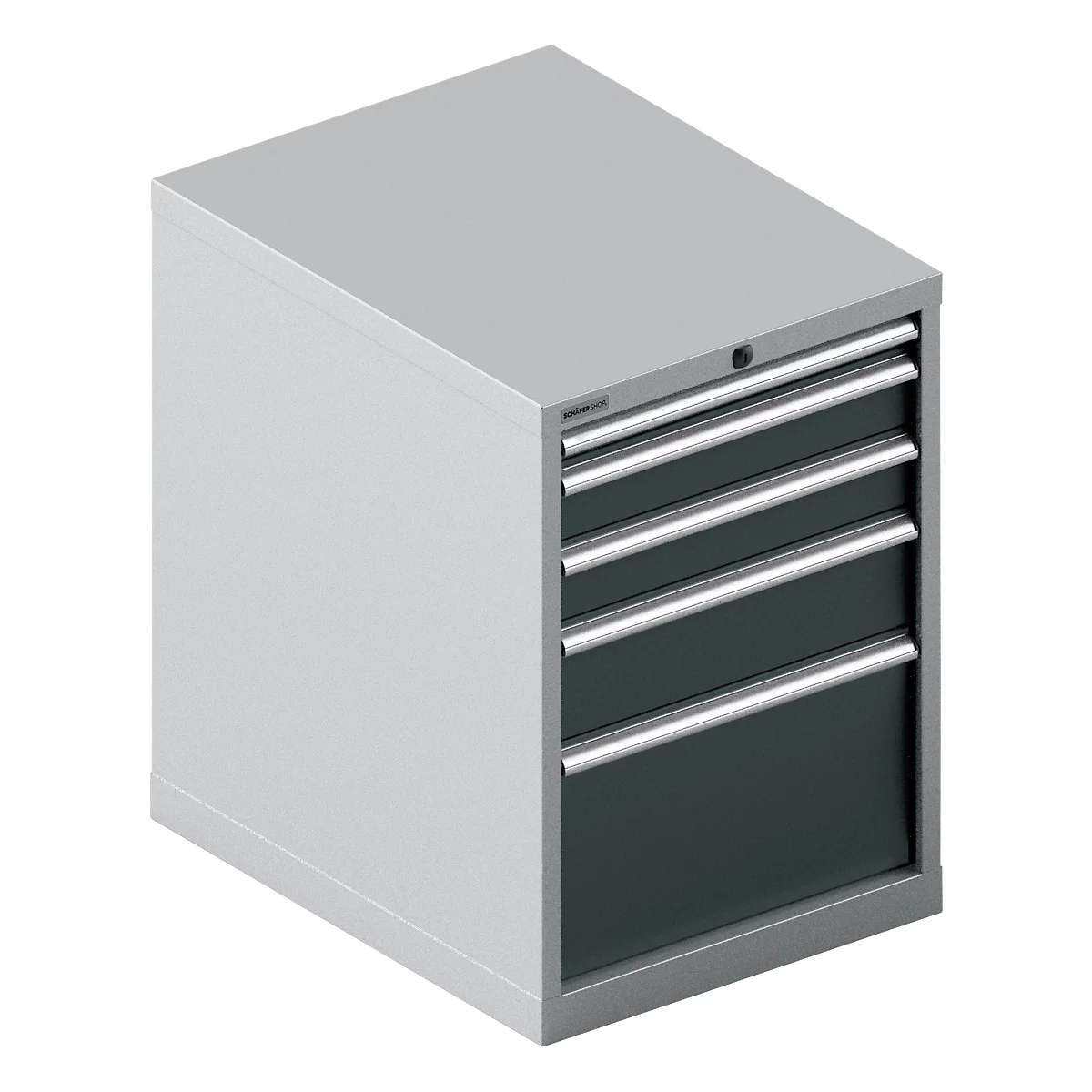 Grijze gereedschapskast met vier laden en zilveren handgrepen.