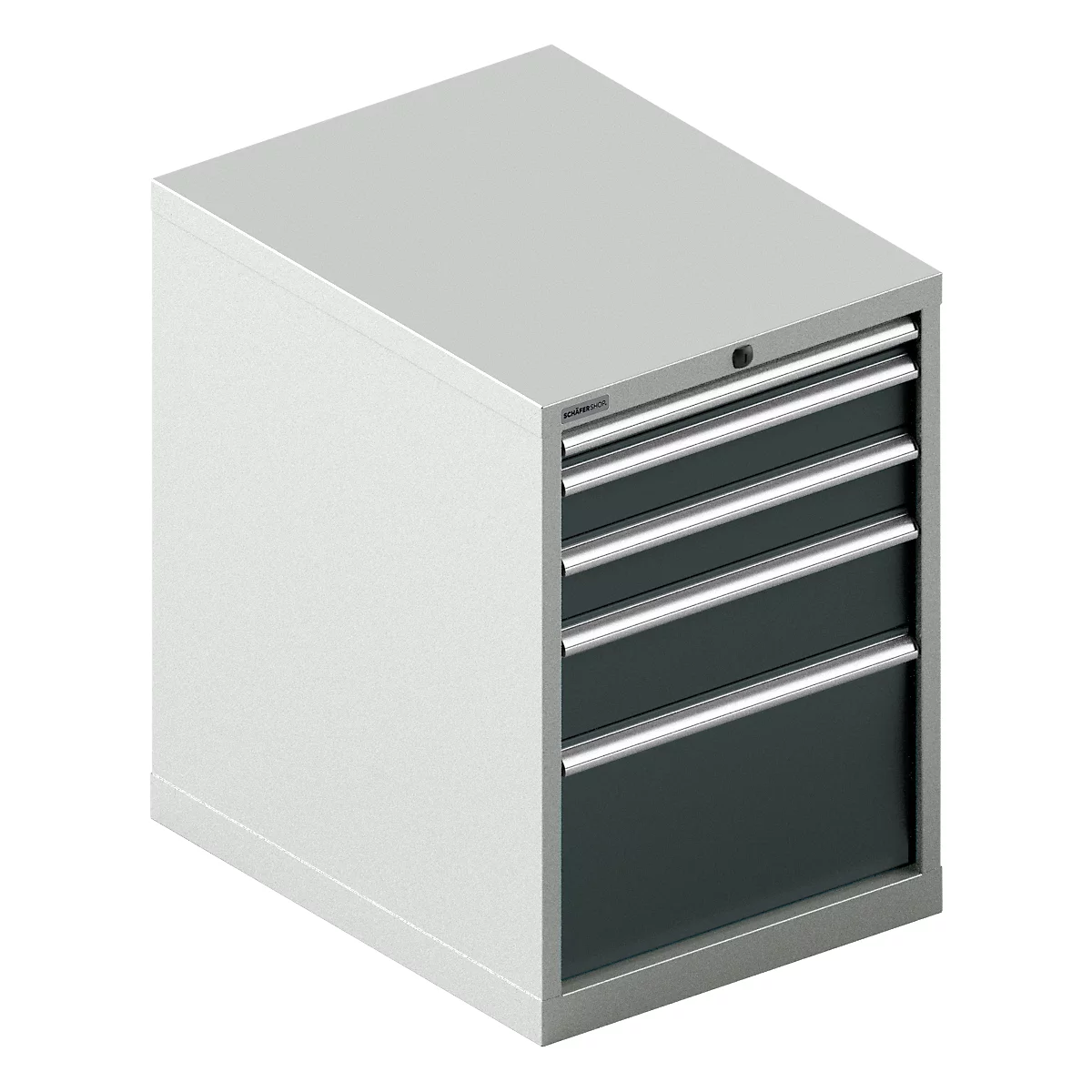 Grijze gereedschapskast met vier laden en zilveren handgrepen.