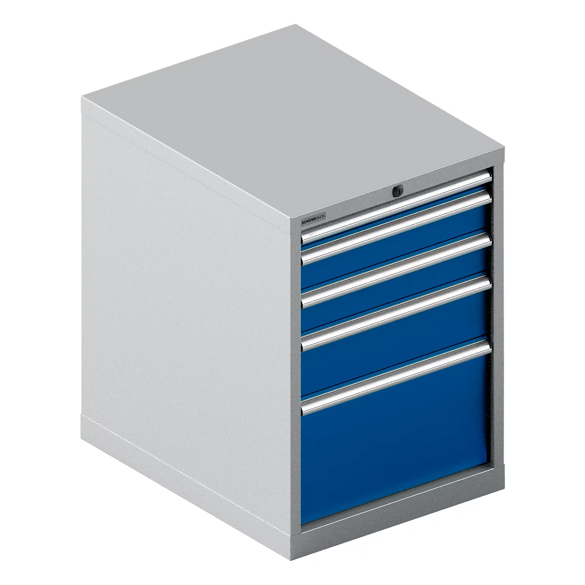 Grijze gereedschapskast met blauwe lades en zilveren handgrepen. De kast is licht diagonaal van bovenaf gefotografeerd.