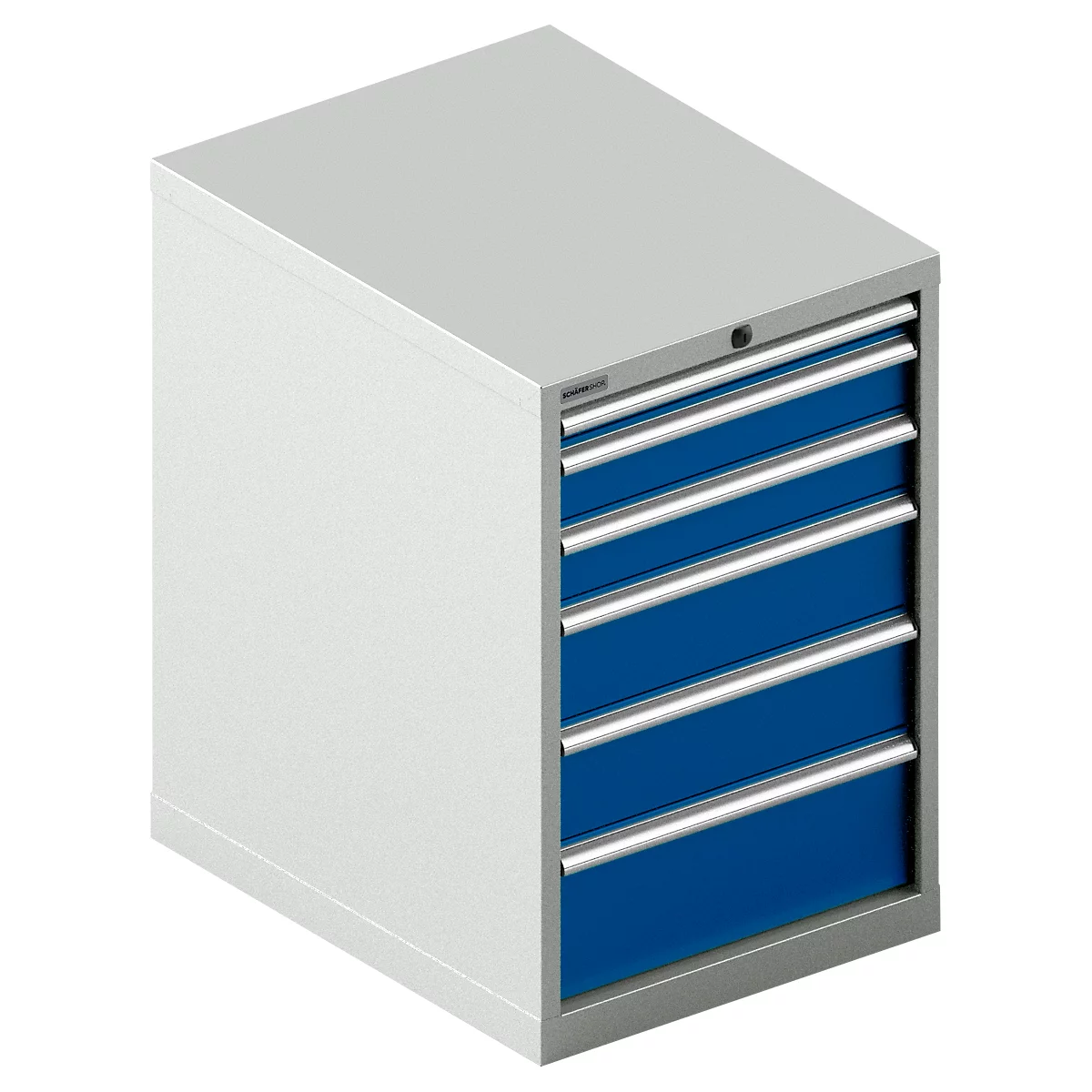 Lichtgrijze en blauwe gereedschapskast met 5 laden.