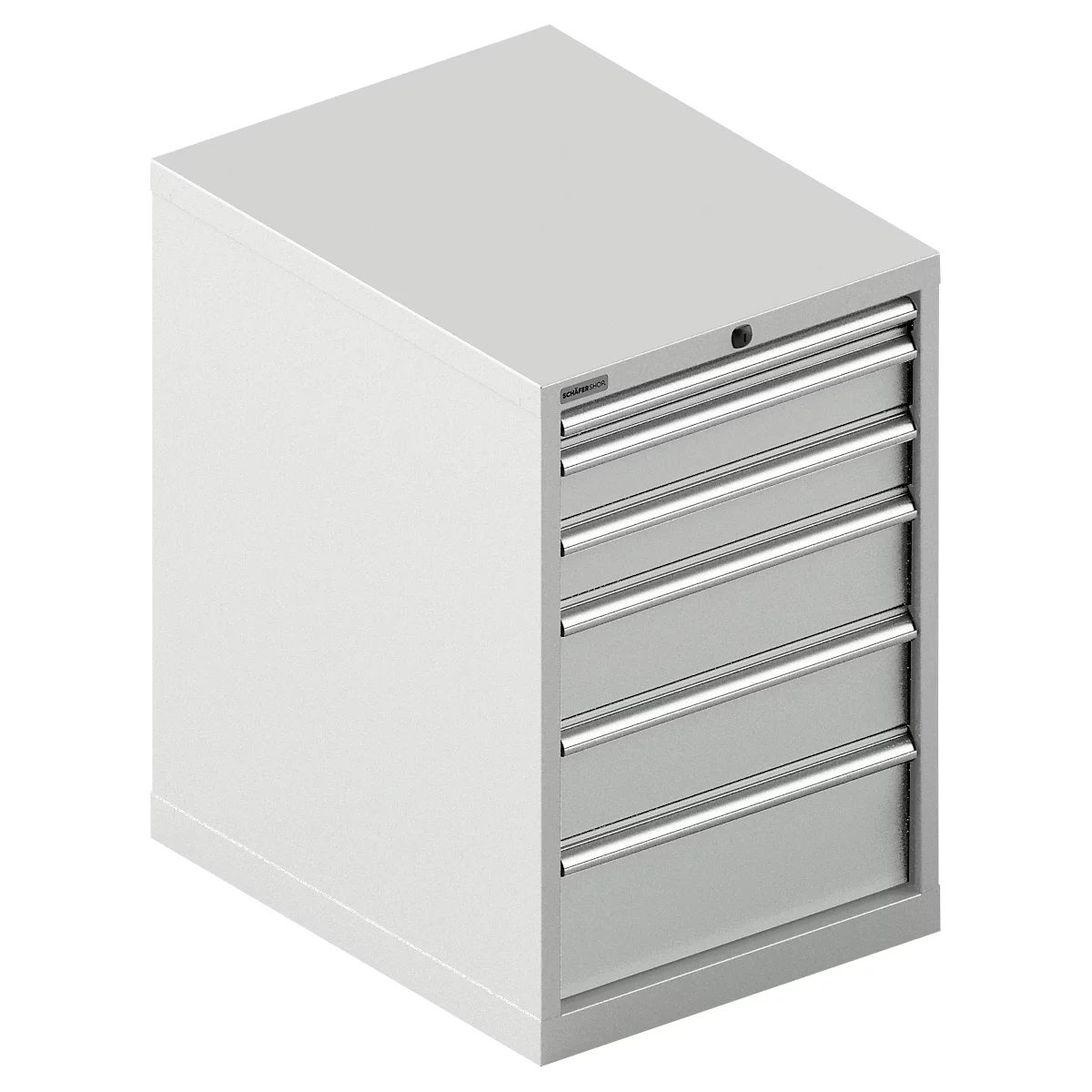 Grijze gereedschapskast met vijf laden en zilveren handgrepen. Een slot is zichtbaar aan de bovenkant.