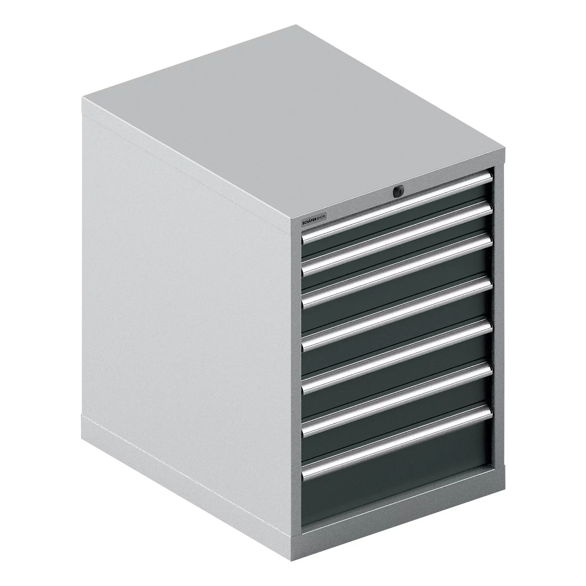 Grijze gereedschapskist met zes laden. Metalen handvatten, donkere laden, lichtgrijze behuizing.