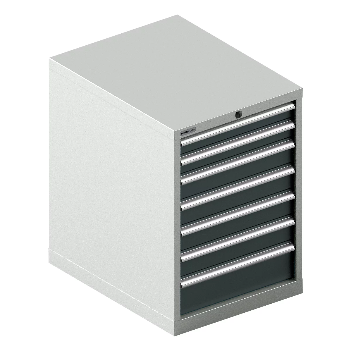 Een grijze gereedschapskast met zes lades, elk met een zilveren handgreep. De kast staat tegen een neutrale achtergrond.