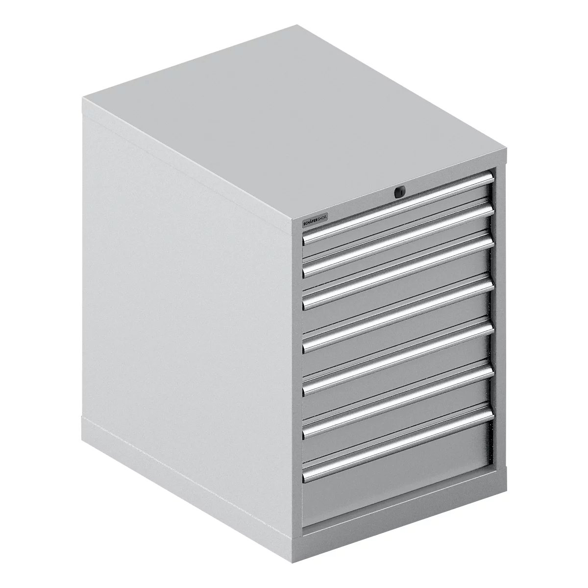 Grijze gereedschapskast met 6 laden. De laden hebben zilveren handgrepen. Op de kast is een slot te zien.