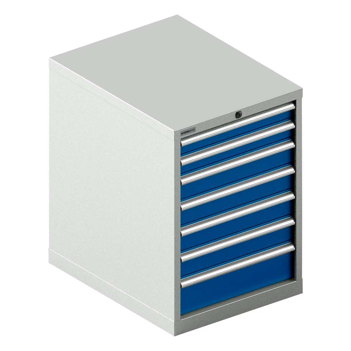 Grijze metalen kast met zes blauwe lades met zilveren handgrepen.