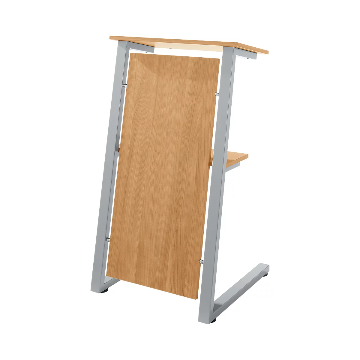 Moderne lessenaar met houten paneel en zilveren frame. Het hout heeft een nerf. Een kleine planktafel rechtsonder.