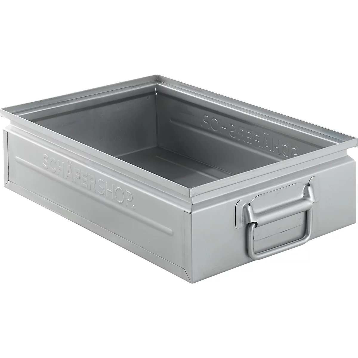 A silver metal box with a handle. The side says "SCHARENTSHOP".