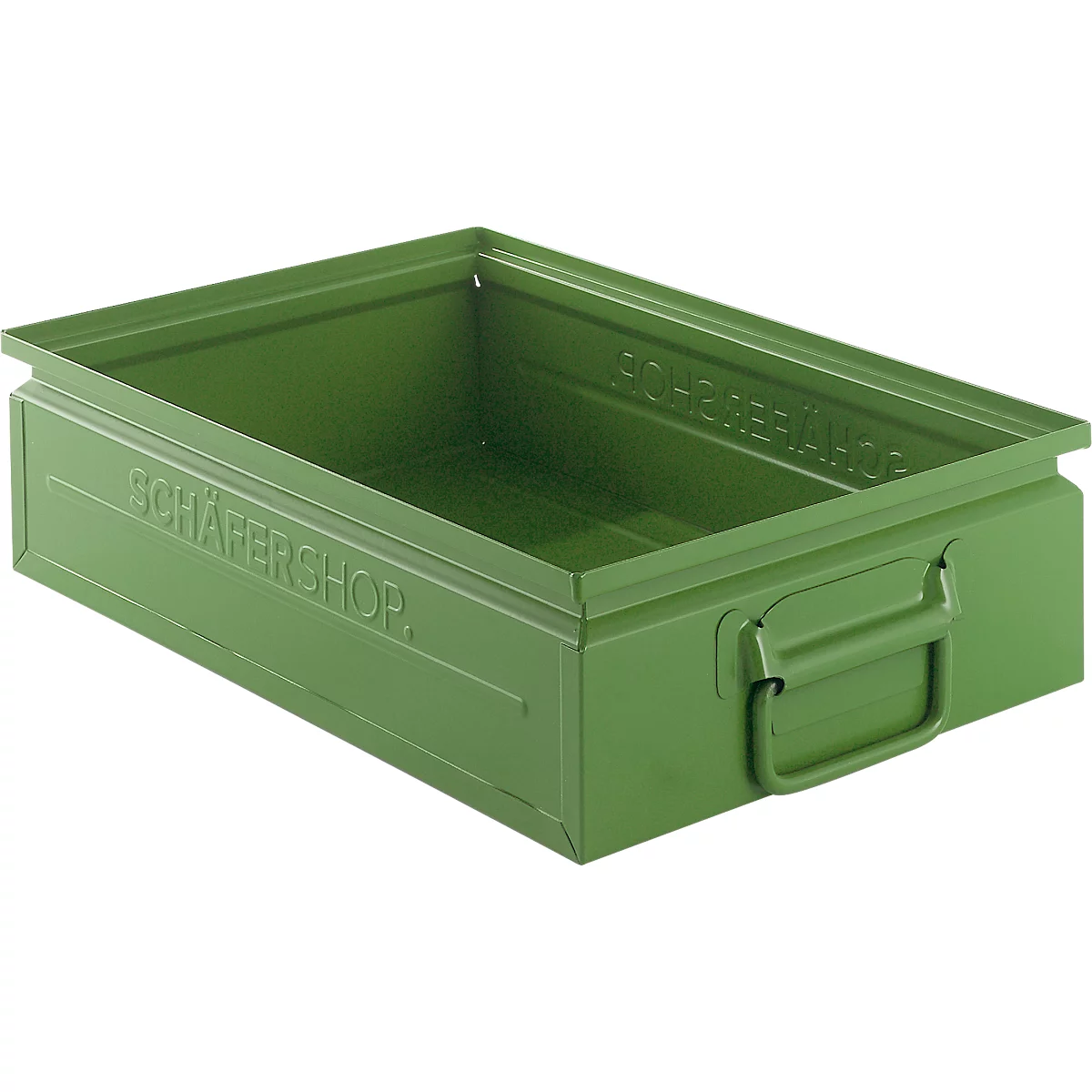 Green metal box with handle and embossed 'SCHÄRERCHOP'.