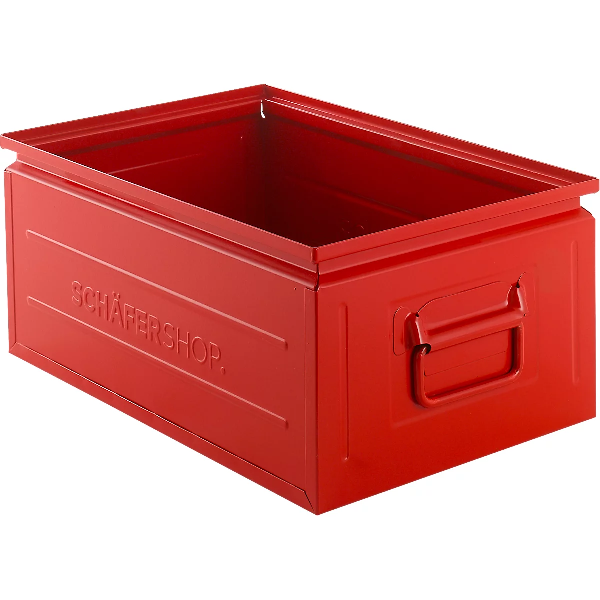 Red metal box with handles and embossed lettering SCHÄFERCHOP.