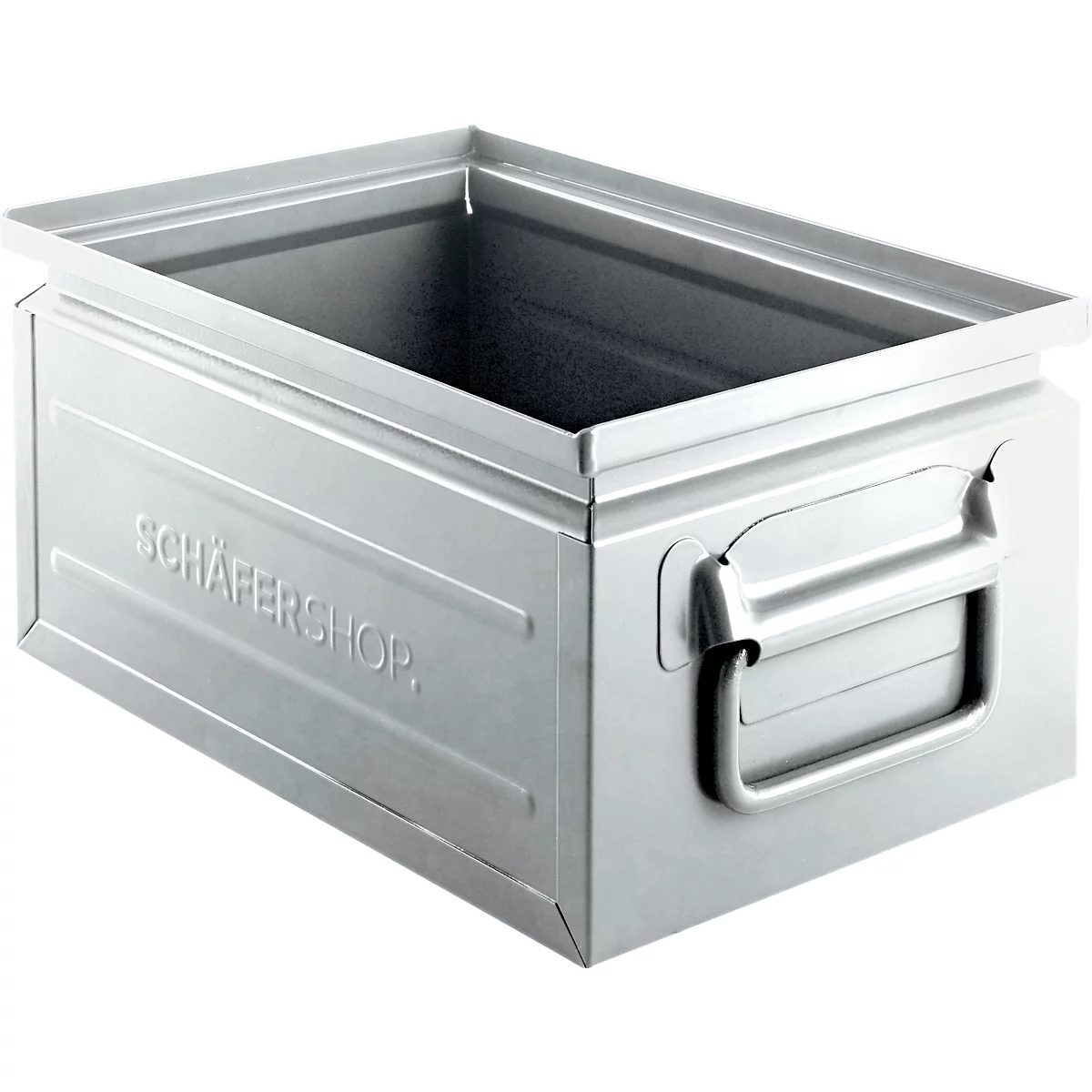 Silver metal box with handle. The lettering "SCHÄFERSHOP" is embossed.