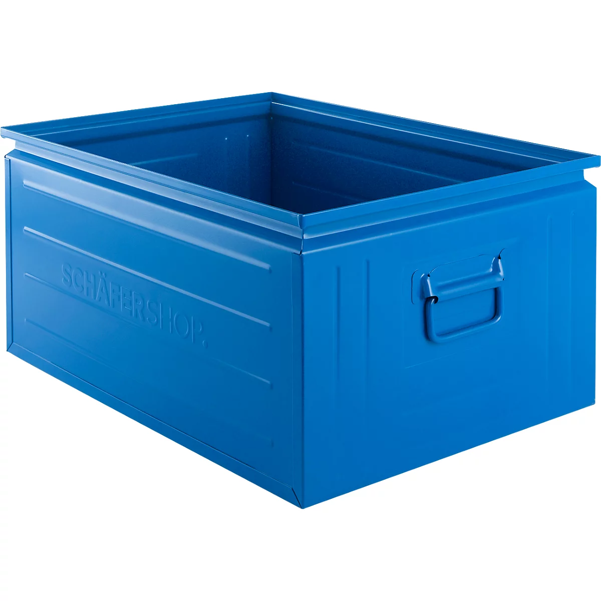 Blue metal box with handle and the writing SCHÄFERSHOP.