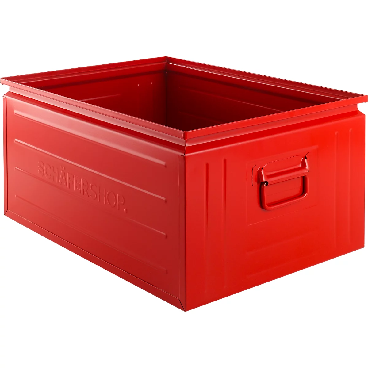 Red metal box, handle on the side, lettering "SCHÄFERSHOP."