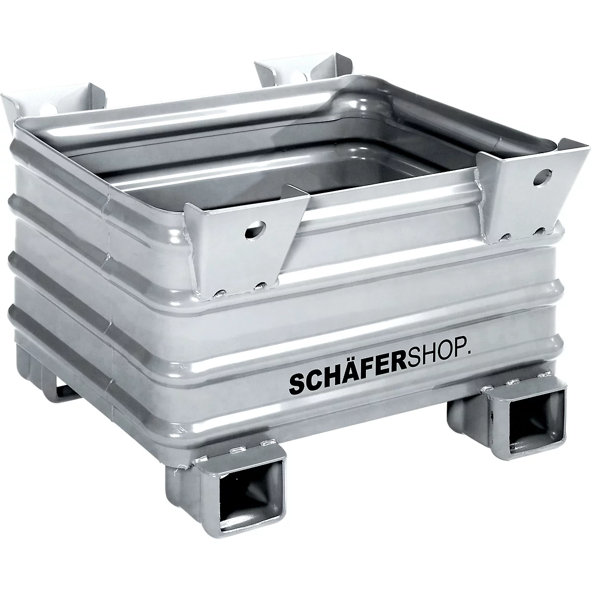 Metallbehälter mit dem Schriftzug SCHÄFERSHOP. Quadratische Form mit Füßen.
