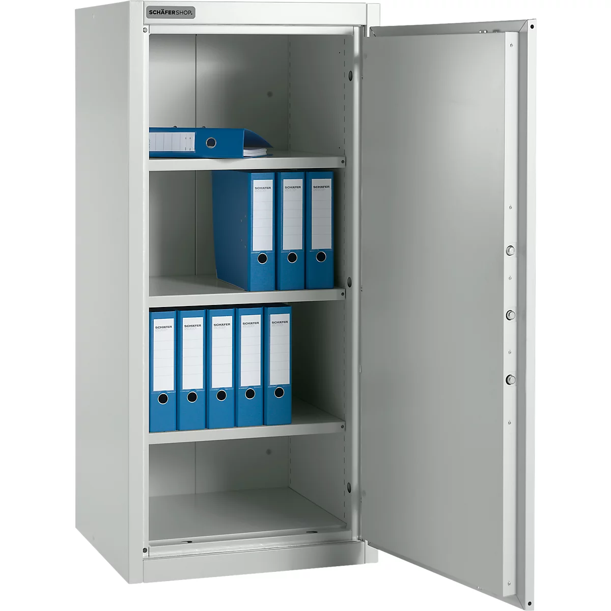 Grauer Aktenschrank mit geöffneter Tür, gefüllt mit blauen Ordnern. Einige Ordner liegen auf Regalen.