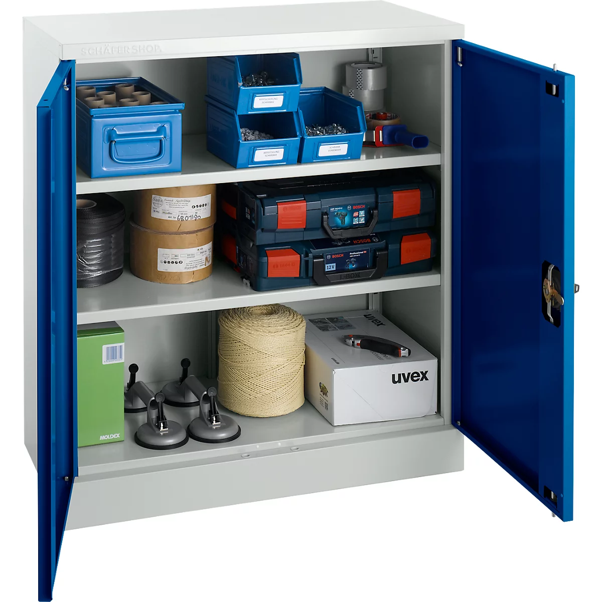 Schäfer Shop Select Stahlschrank, 2 OH, 2 höhenverstellbare Einlegeböden, Drehzylinderschloss, B 916 x T 422 x H 1000 mm, lichtgrau RAL 7035/enzianblau RAL 5010