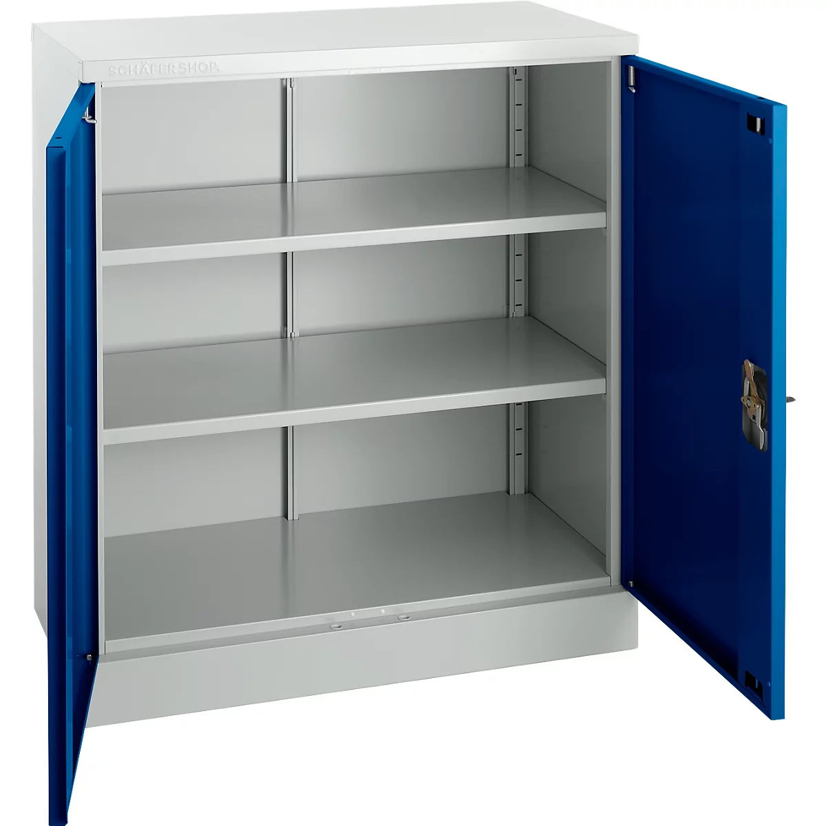 Schäfer Shop Select stalen kast, 2 OH, 2 in hoogte verstelbare legborden, draaicilinderslot, B 916 x D 422 x H 1000 mm, lichtgrijs RAL 7035/enziaans blauw RAL 5010