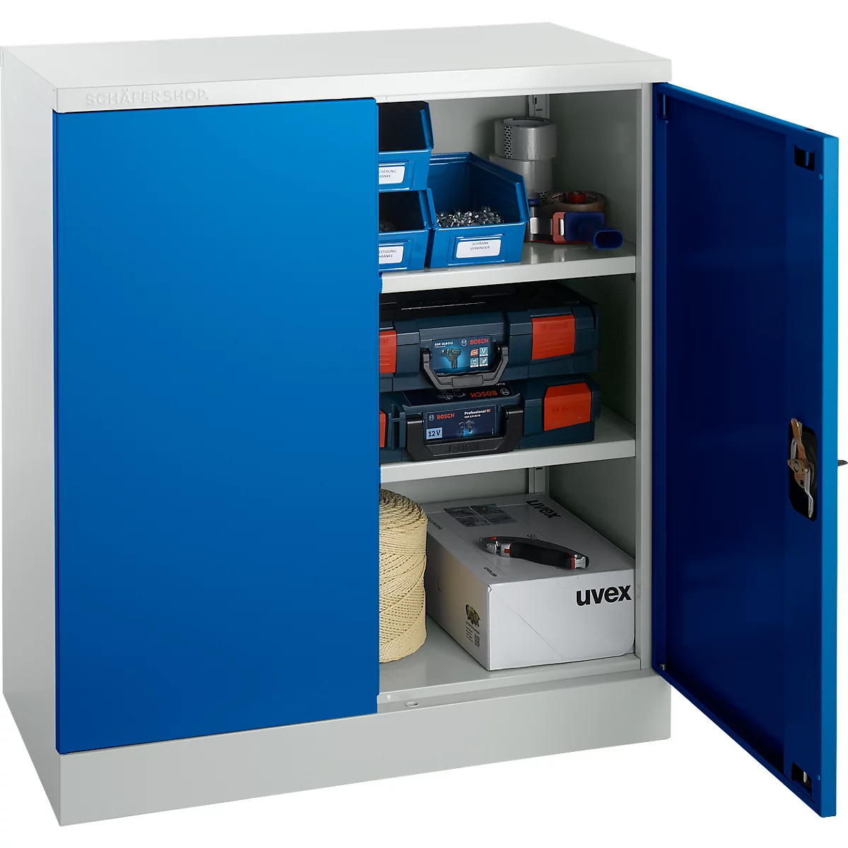 Schäfer Shop Select stalen kast, 2 OH, 2 in hoogte verstelbare legborden, draaicilinderslot, B 916 x D 422 x H 1000 mm, lichtgrijs RAL 7035/enziaans blauw RAL 5010