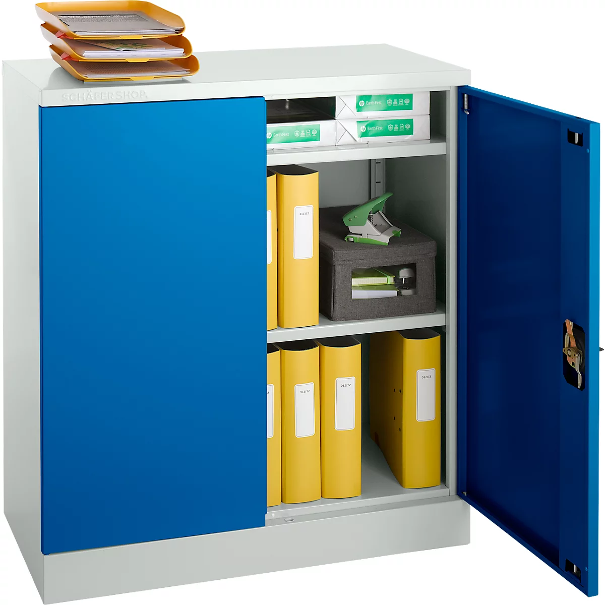 Schäfer Shop Select stalen kast, 2 OH, 2 in hoogte verstelbare legborden, draaicilinderslot, B 916 x D 422 x H 1000 mm, lichtgrijs RAL 7035/enziaans blauw RAL 5010
