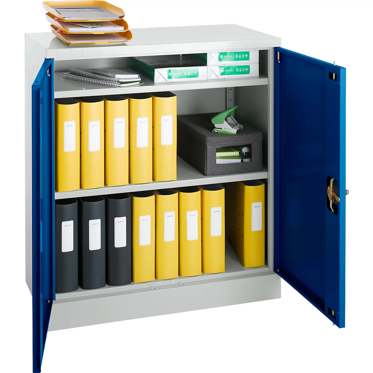 Schäfer Shop Select stalen kast, 2 OH, 2 in hoogte verstelbare legborden, draaicilinderslot, B 916 x D 422 x H 1000 mm, lichtgrijs RAL 7035/enziaans blauw RAL 5010